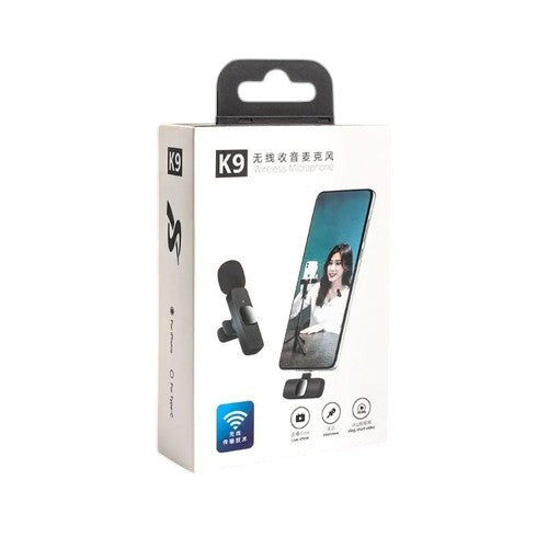 OBtech K9 wireless microphone in white retail packaging showing the device attached to a smartphone for vlogging