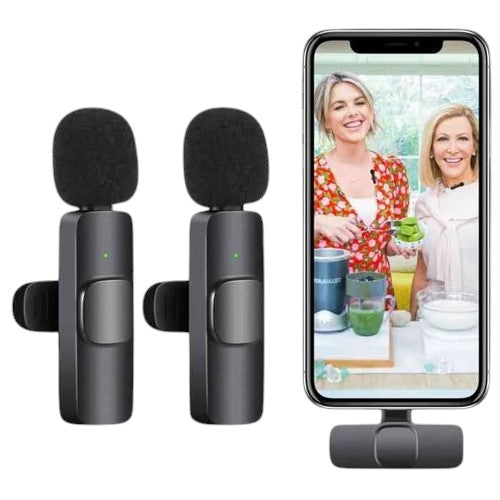 OBtech K9 wireless microphone set with two black lapel mics and a smartphone receiver for professional audio recording