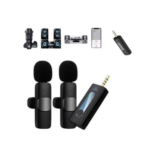 OBtech K9 wireless microphone set with two black lavalier mics and a receiver for smartphones and cameras