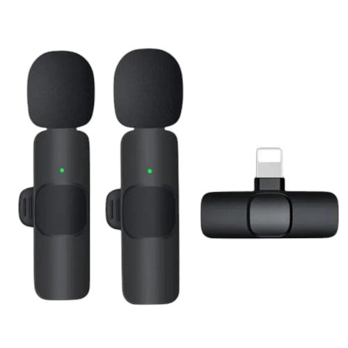 OBtech K9 wireless microphone set with two black clip-on transmitters and a lightning receiver for smartphones