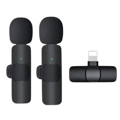 OBtech K9 wireless microphone set with two black clip-on transmitters and a lightning receiver for smartphones