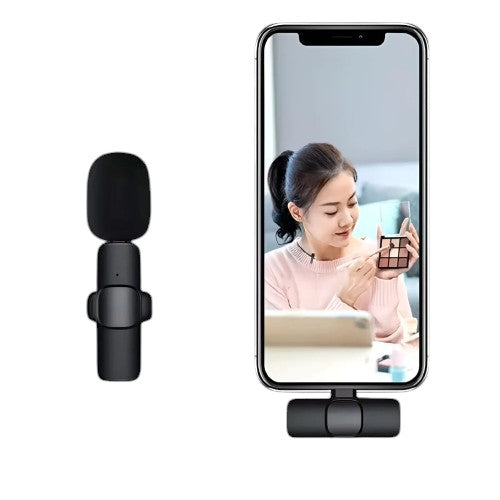 OBtech K9 wireless microphone with black clip-on transmitter and smartphone receiver for vlogging and content creation