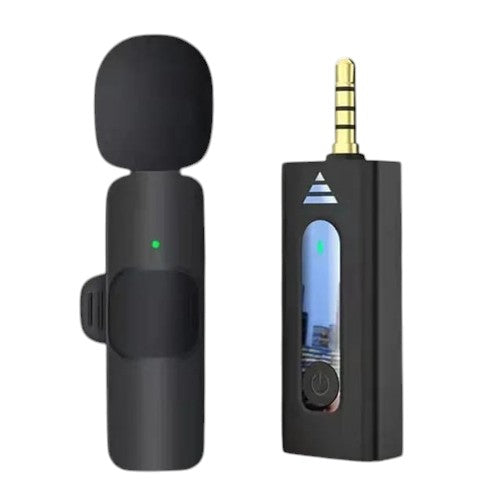 OBtech K9 wireless microphone set with a compact black transmitter and receiver for clear audio recording.