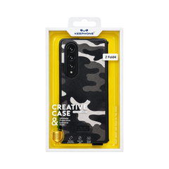 OBtech KEEPHONE hard PC case for Samsung Galaxy Z Fold 4 with a black and grey camouflage pattern in retail packaging