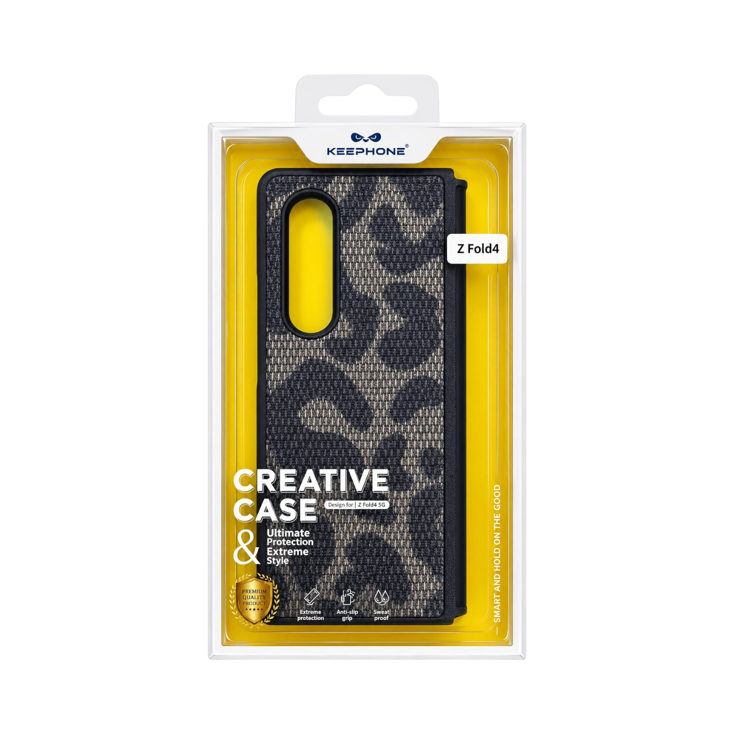 OBtech KEEPHONE hard PC case for Samsung Galaxy Z Fold 4 with a black and grey leopard print pattern in packaging.
