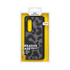 OBtech KEEPHONE hard PC case for Samsung Galaxy Z Fold 4 with a black and grey leopard print pattern in packaging.