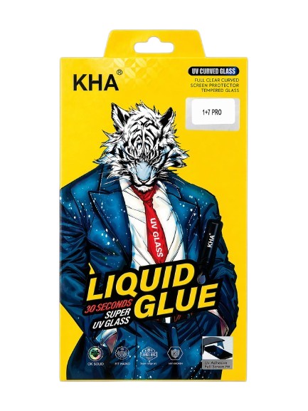 OBtech KHA tempered UV glass screen protector packaging for 1+7 Pro featuring a tiger in a suit illustration