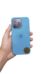 OBtech light blue smooth plastic back case for iPhone 14 Pro Max held in a hand showing camera protection