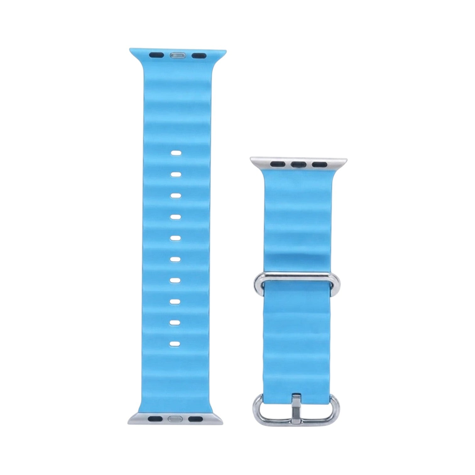 OBtech light blue silicone watch strap with a textured wave design and metal buckle for Apple and Galaxy smartwatches.