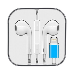 OBtech white wired earphones with Lightning connector and volume control in a square protective case