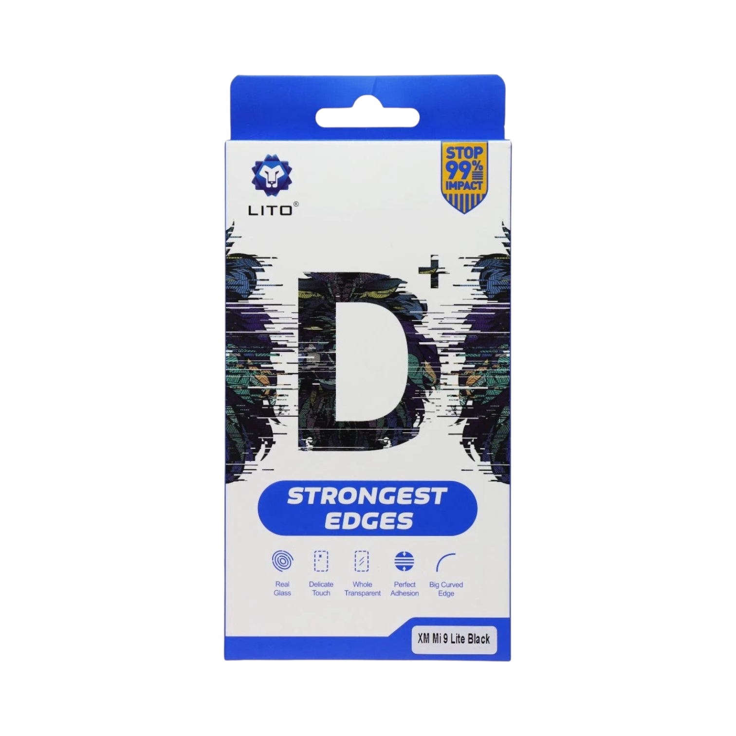 OBtech LITO iPhone tempered glass screen protector packaging with blue and white design featuring strong edge details