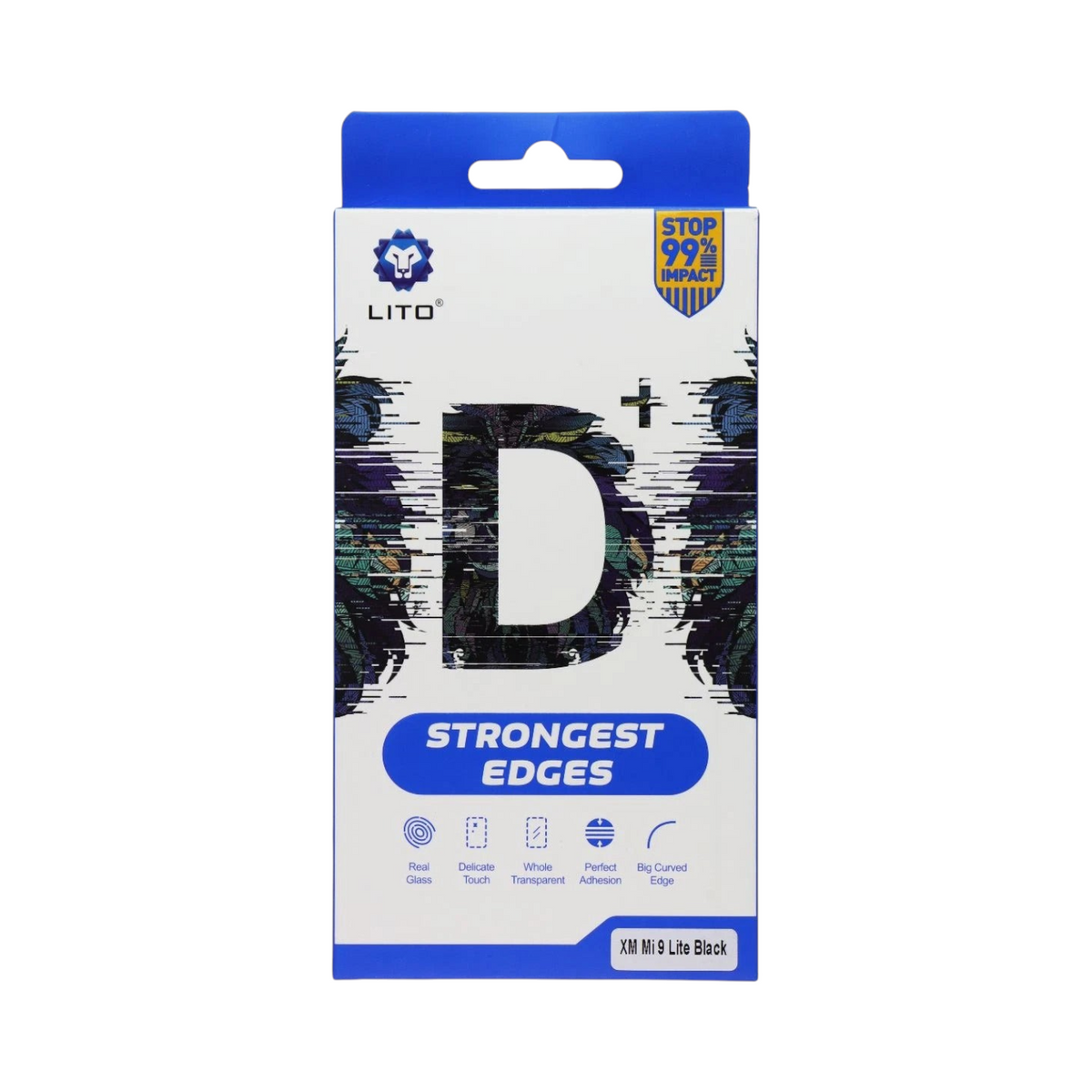 OBtech LITO iPhone tempered glass screen protector packaging with blue and white design featuring strong edge details