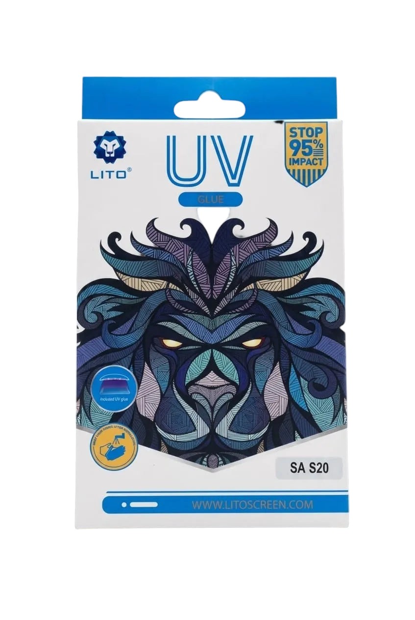 OBtech Lito UV tempered glass screen protector packaging featuring a stylized lion graphic for Samsung S20 series.