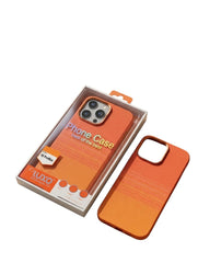 OBtech Luxo iPhone case in orange with a textured gradient finish, shown in packaging and as a standalone cover.