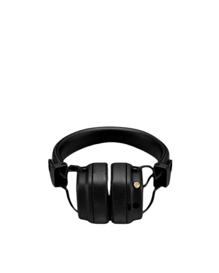 OBtech Marshall Major IV wireless on-ear headphones in black with a gold control knob on a plain black background.