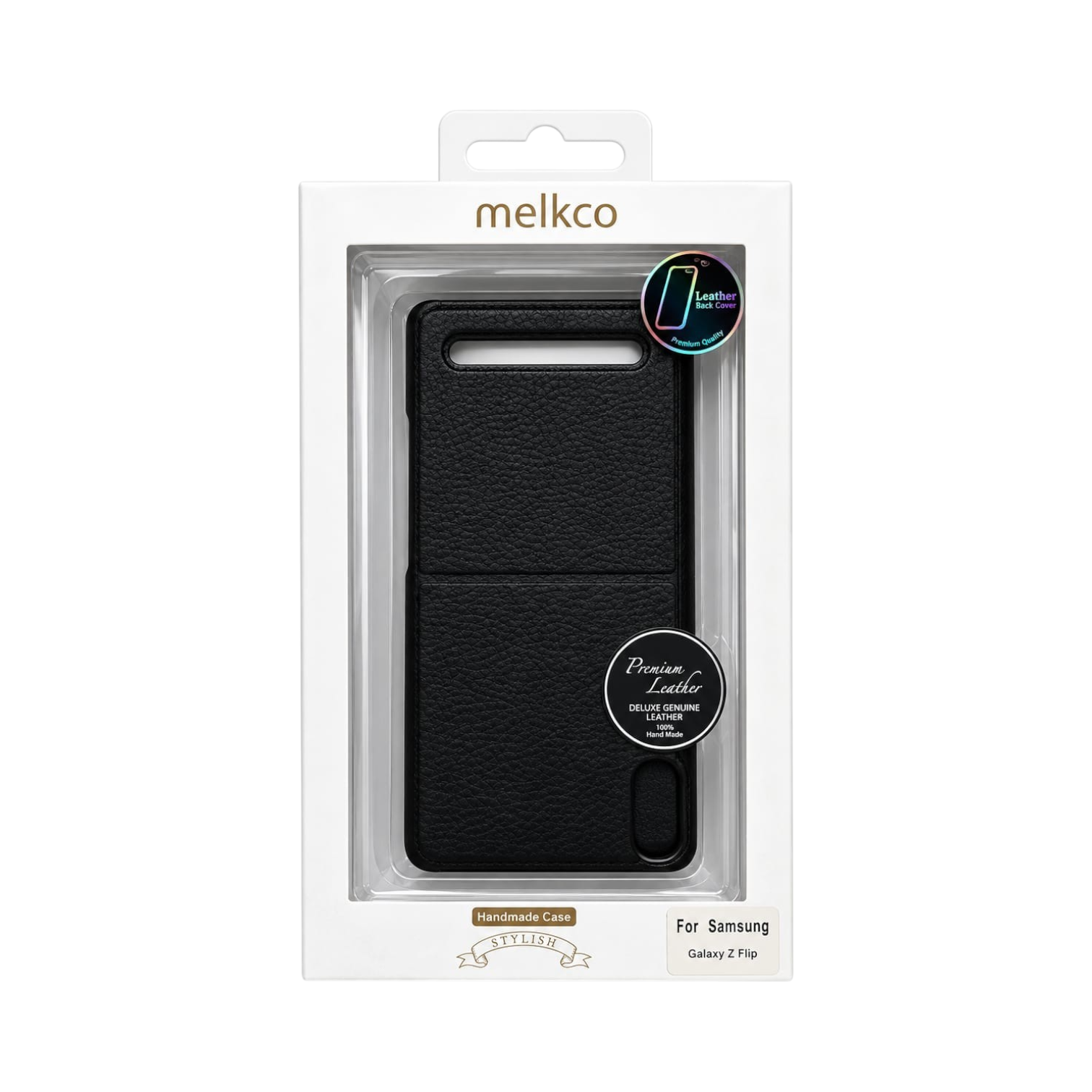 OBtech melkco black genuine leather protective case for Samsung Galaxy Z Flip 2 in retail packaging