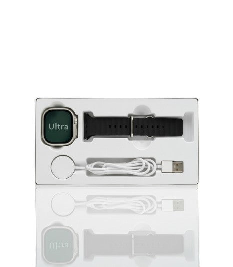OBtech Micro Fit W800 Ultra smartwatch with black silicone strap and magnetic charging cable in white retail packaging
