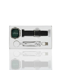 OBtech Micro Fit W800 Ultra smartwatch with black silicone strap and magnetic charging cable in white retail packaging
