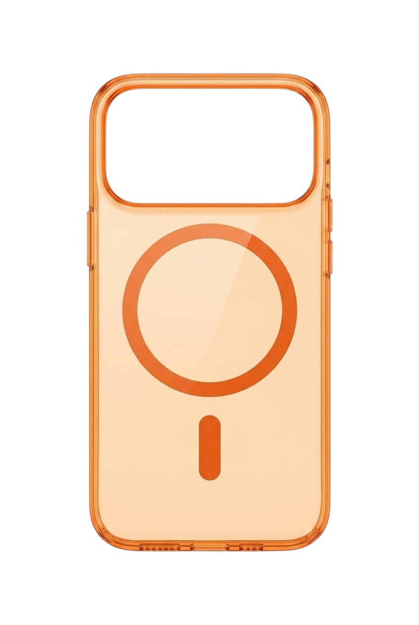 OBtech Millkin iPhone 17 Pro Max transparent orange polycarbonate phone case with magnetic charging ring