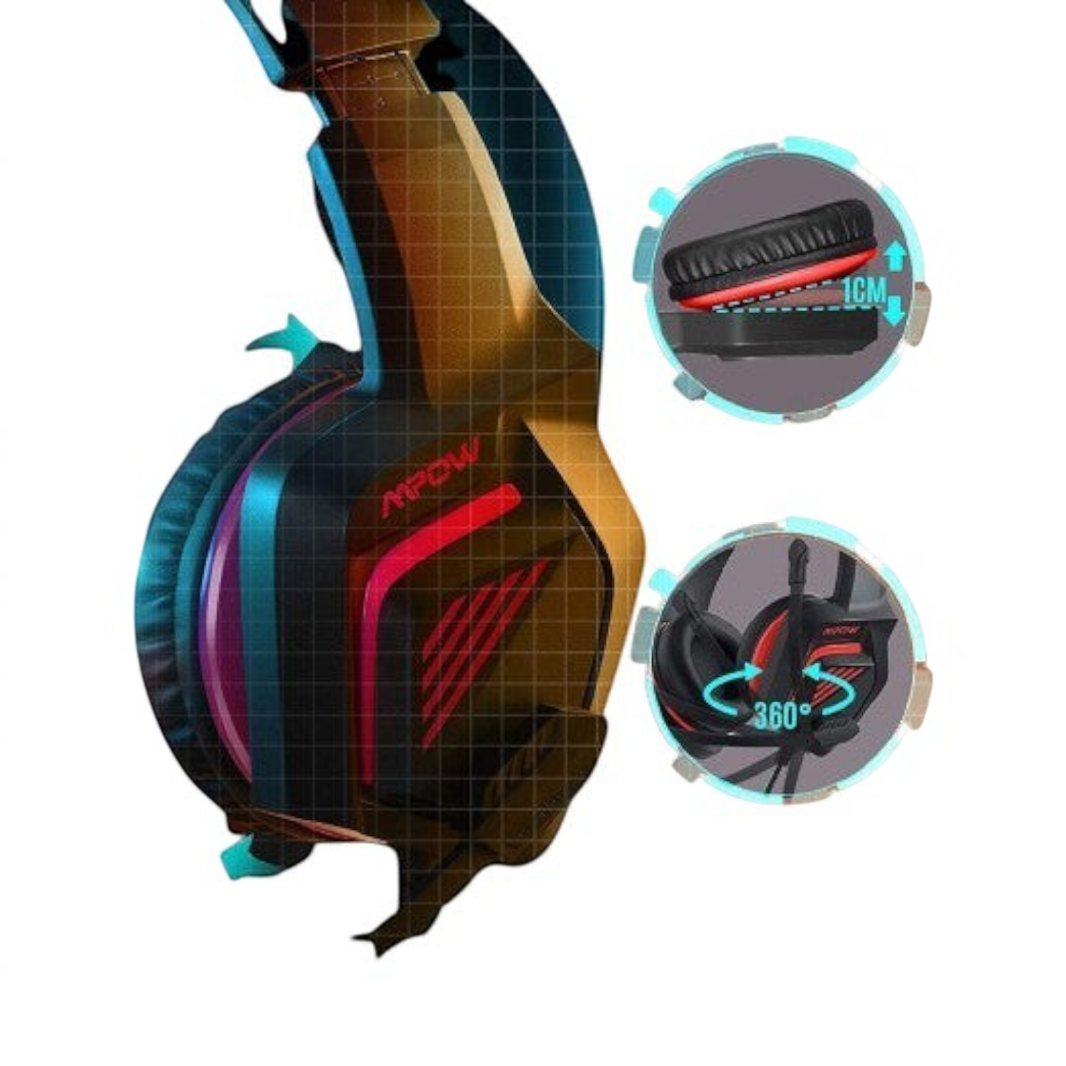 OBtech Mpow EG11 gaming headset in red and black with noise-isolating ear cushions and a flexible microphone.