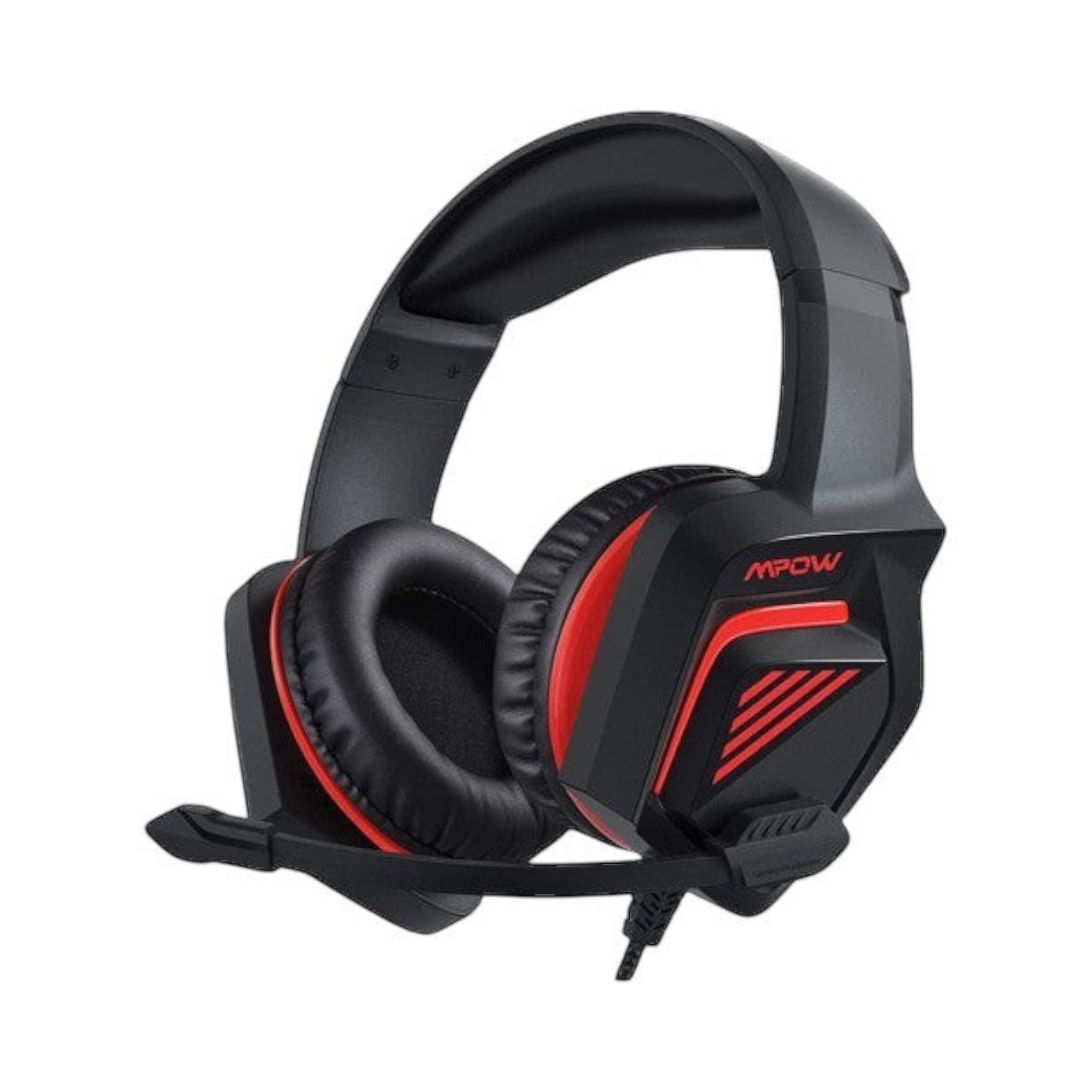 OBtech Mpow EG11 gaming headset in black and red with cushioned earcups, adjustable headband, and flexible microphone.
