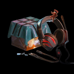 OBtech Mpow EG11 gaming headset in red and black with a flexible microphone, displayed next to a loot crate.