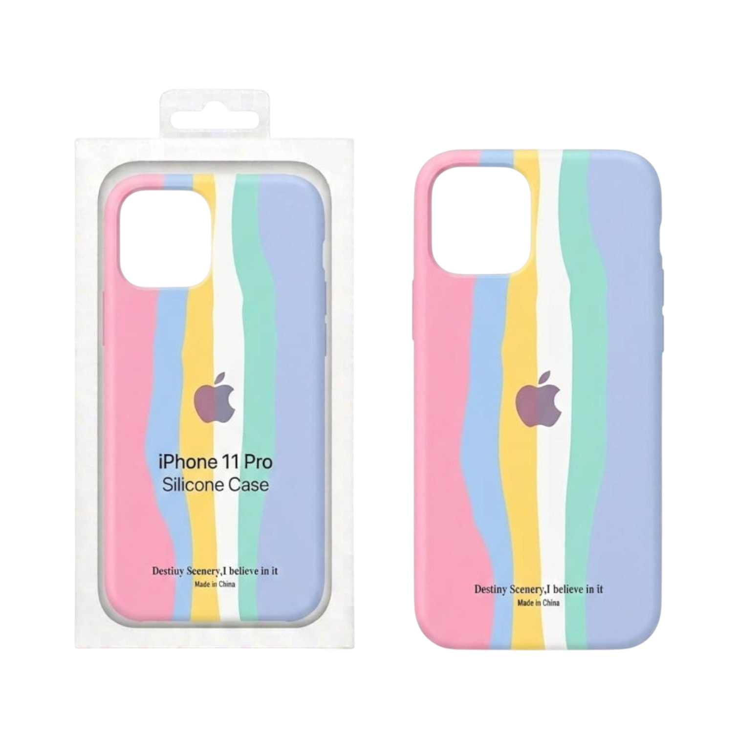 OBtech multi-color striped liquid silicone case for iPhone 11 Pro with soft-touch finish and protective design.
