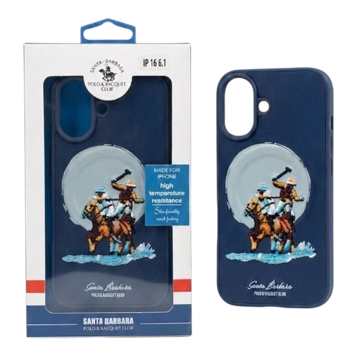 OBtech navy blue Santa Barbara Polo & Racquet Club leather case for iPhone featuring a polo player graphic design