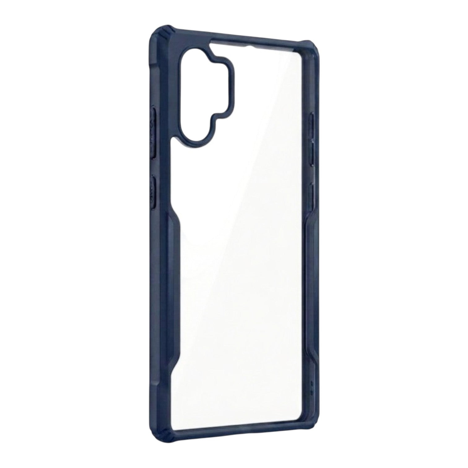 OBtech transparent smartphone case with a navy blue shock-absorbing TPU border and precise camera cutout