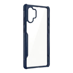 OBtech transparent smartphone case with a navy blue shock-absorbing TPU border and precise camera cutout