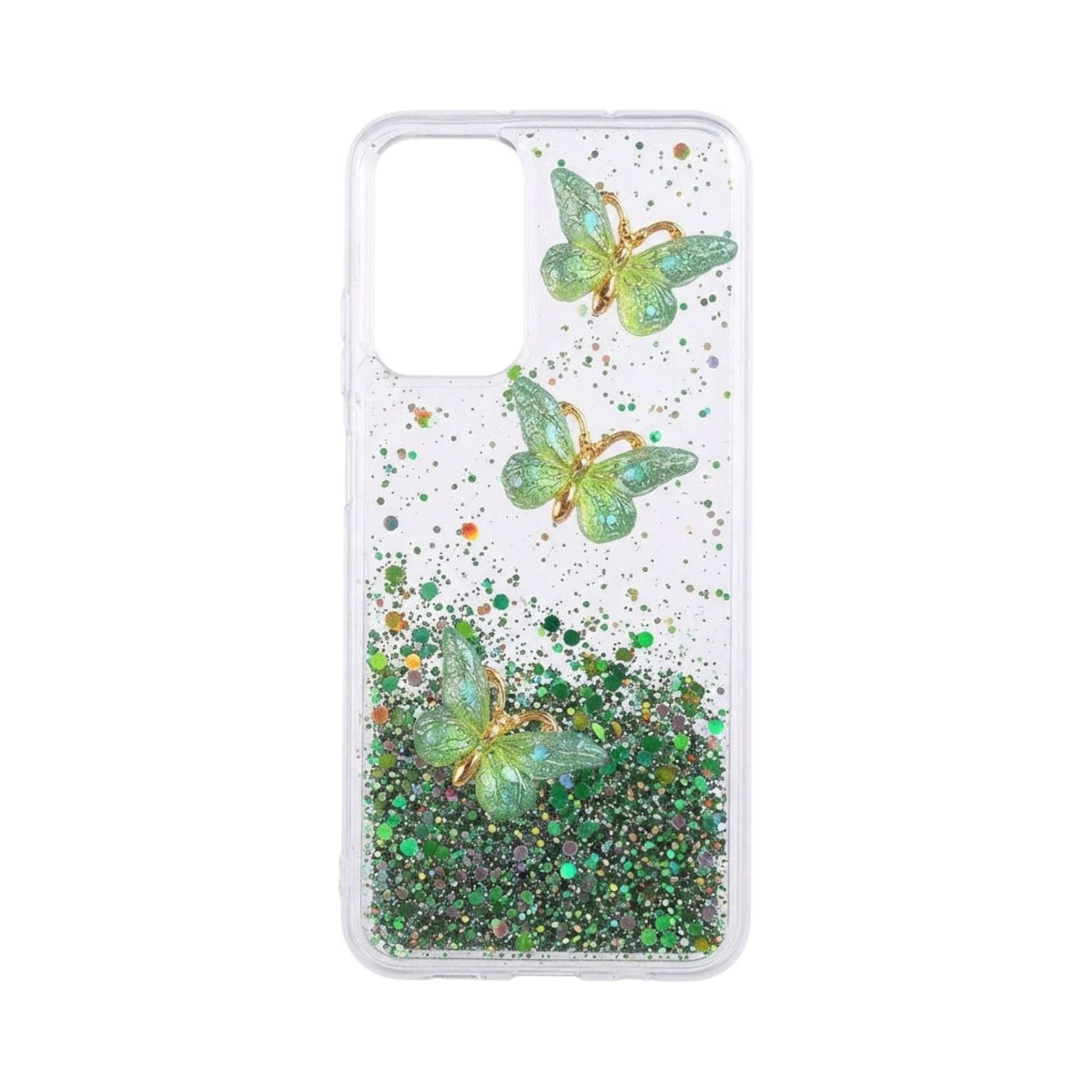 OBtech NIMMY Samsung Galaxy S24 clear phone case with green glitter and 3D butterfly motifs