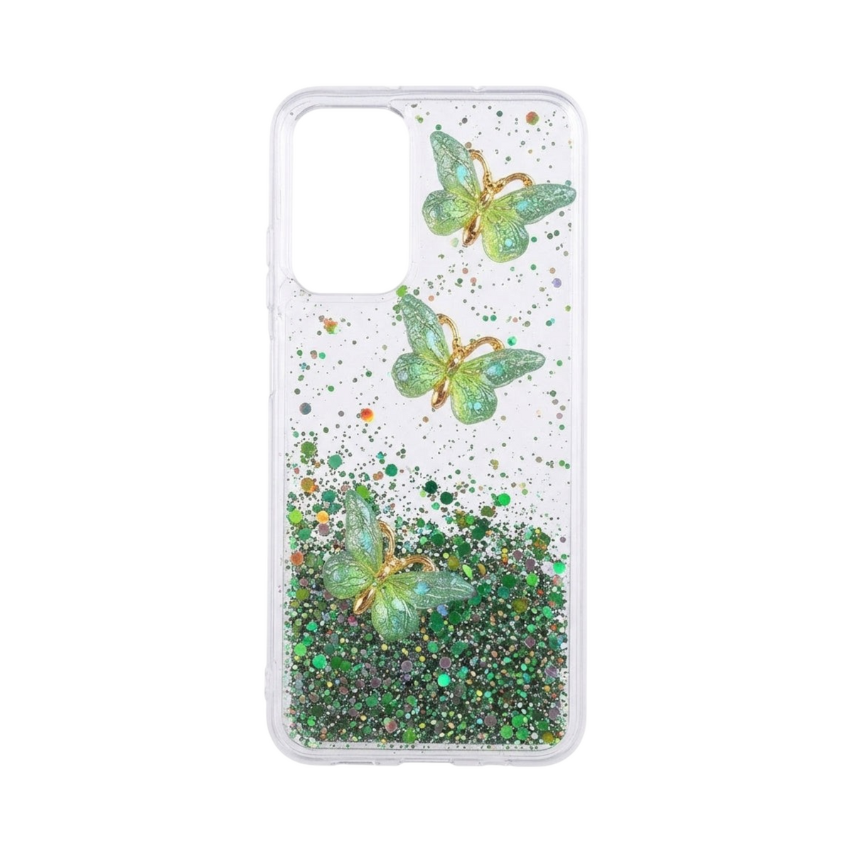 OBtech NIMMY Samsung Galaxy S24 clear phone case with green glitter and 3D butterfly motifs