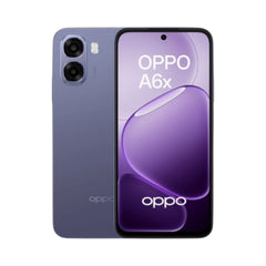 OBtech Oppo A6x smartphone in purple featuring a sleek design, dual rear camera, and immersive front display.
