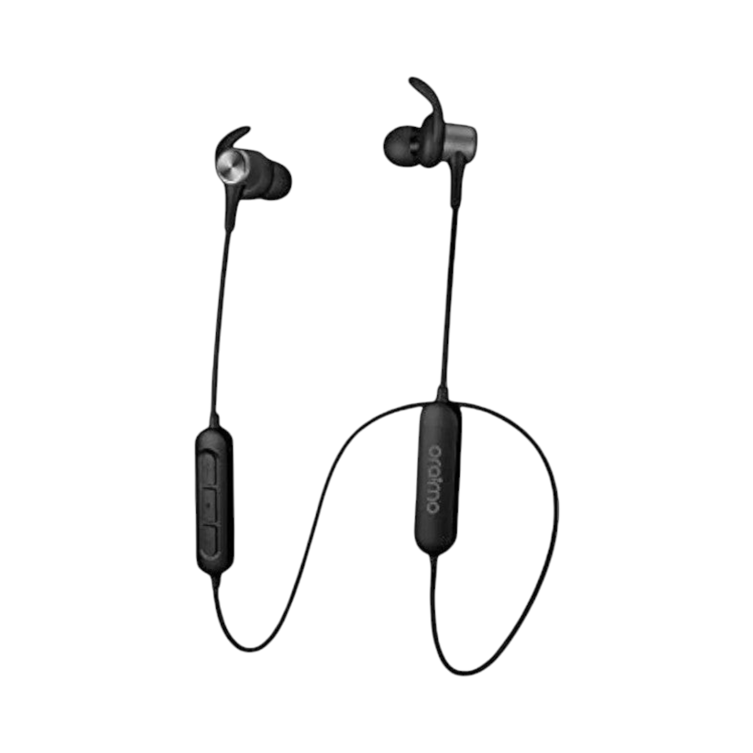 OBtech Oraimo Shark 2 wireless neckband earphones in black with magnetic earbuds and in-line remote control.