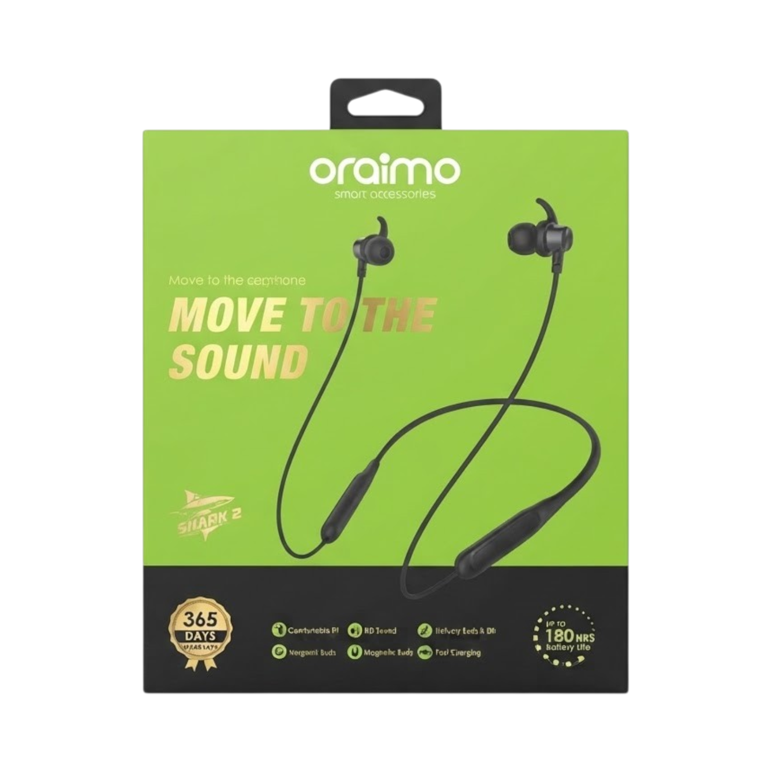 OBtech Oraimo Shark 2 wireless neckband earphones in black packaging with magnetic earbuds and ergonomic design