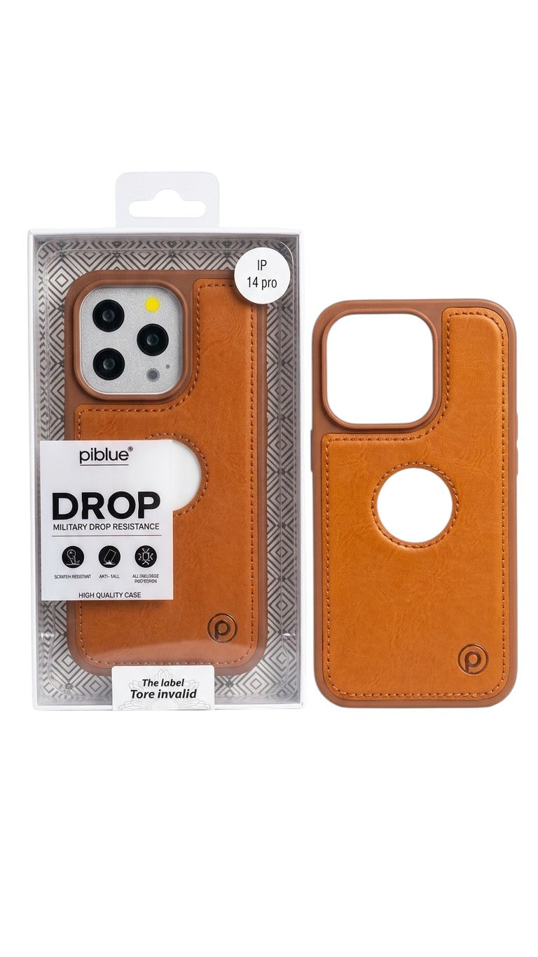 OBtech Pi Blue brown drop-resistant protective case for iPhone 14 Pro with a slim, textured design in retail packaging.