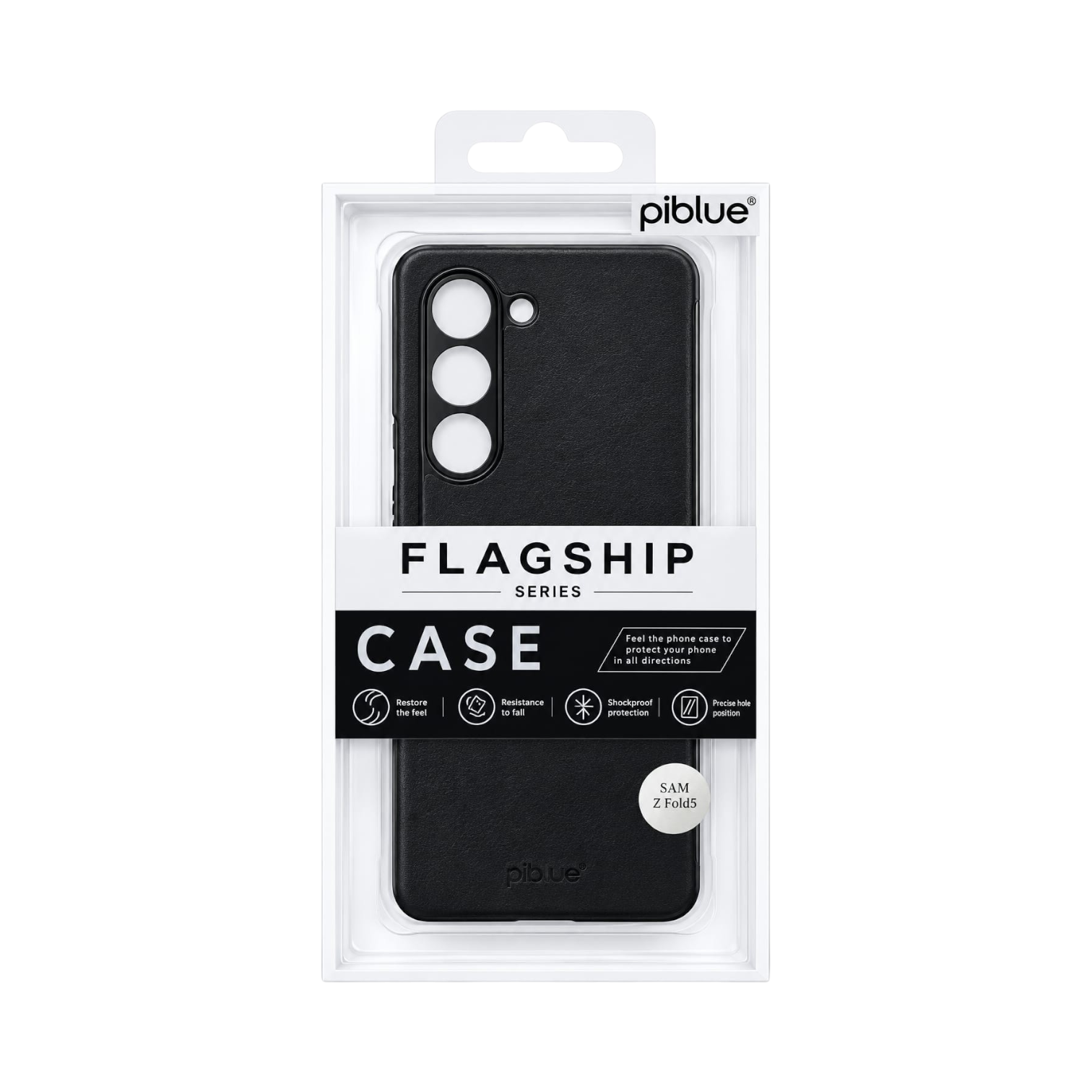 OBtech piblue Flagship Series black leather protective case for Samsung Galaxy Z Fold 5 in retail packaging