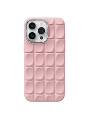 OBtech pink silicone iPhone case with a 3D square grid pattern and a protective metallic camera ring.