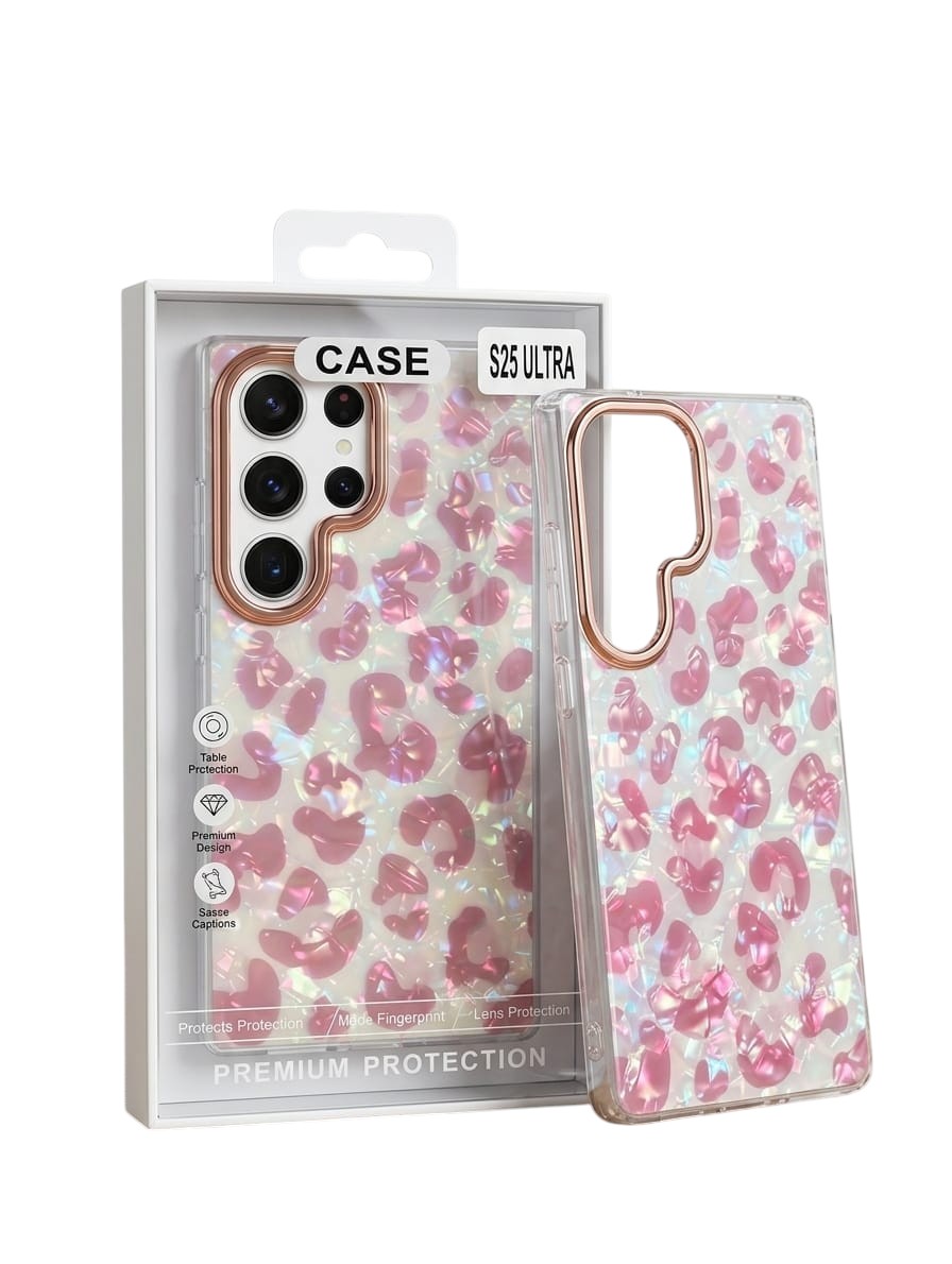 OBtech premium protective phone case with a pink iridescent cheetah print pattern and rose gold camera frame