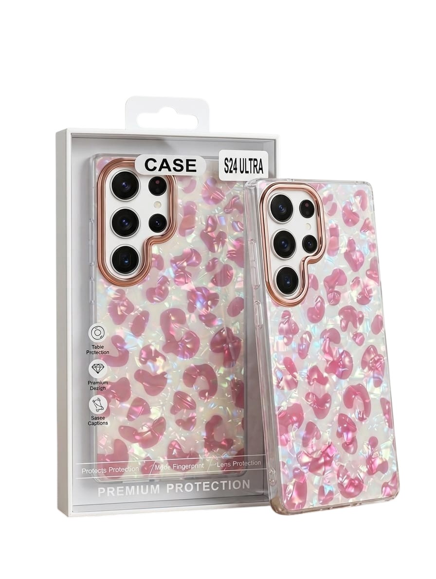 OBtech premium iridescent pink cheetah print protective phone case for Samsung Galaxy S24 Ultra in retail packaging