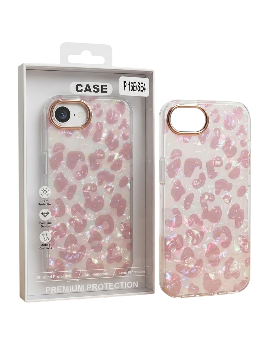 OBtech premium protective phone case with a pink iridescent cheetah print pattern and rose gold camera ring