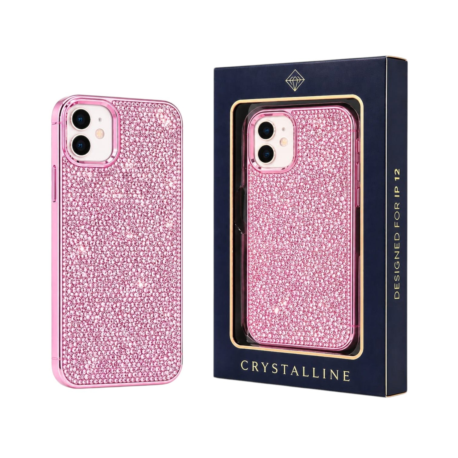OBtech pink glitter iPhone 12 case with crystal-encrusted finish and matching premium display packaging