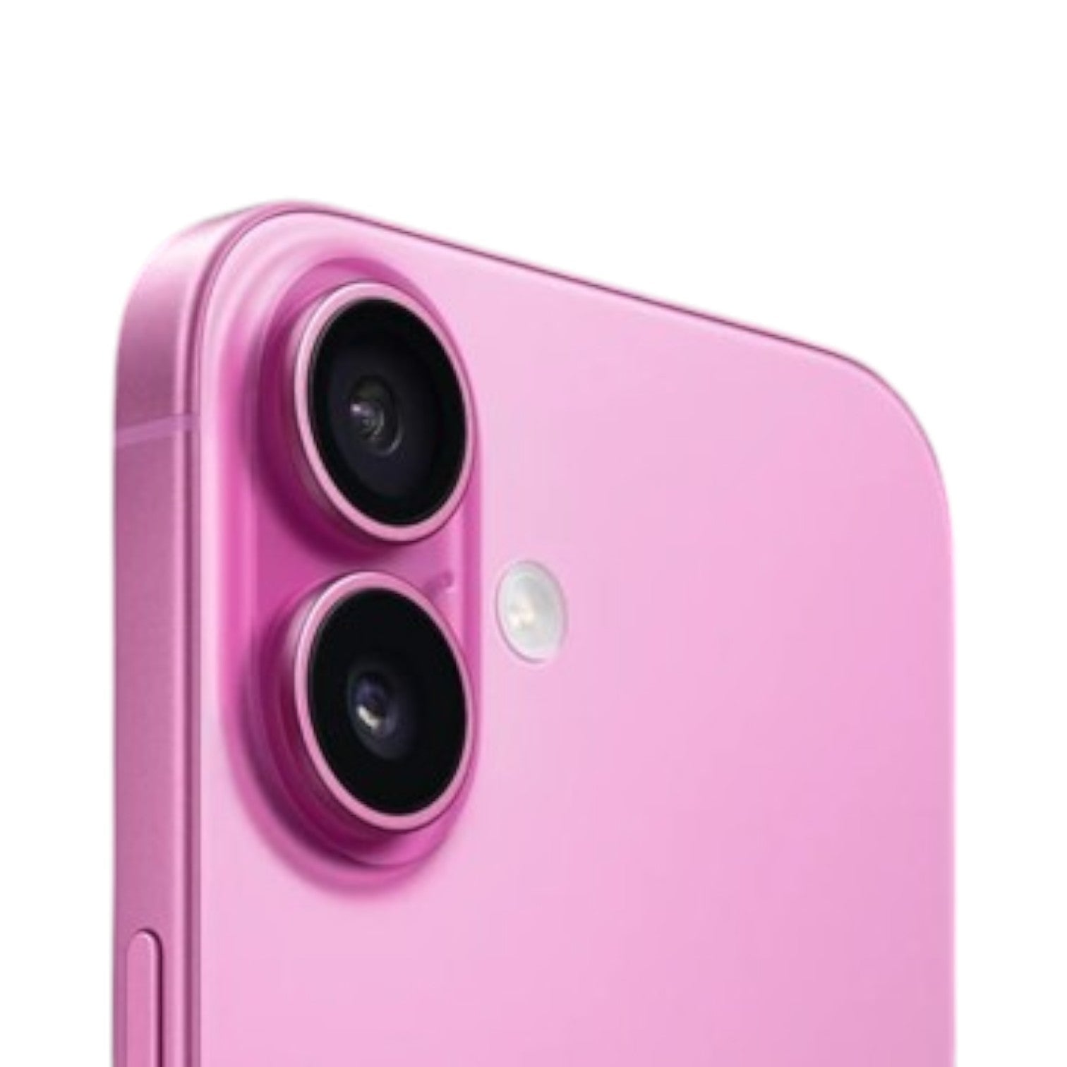 OBtech pink iPhone 16 smartphone showing the rear dual-camera system and durable metallic frame