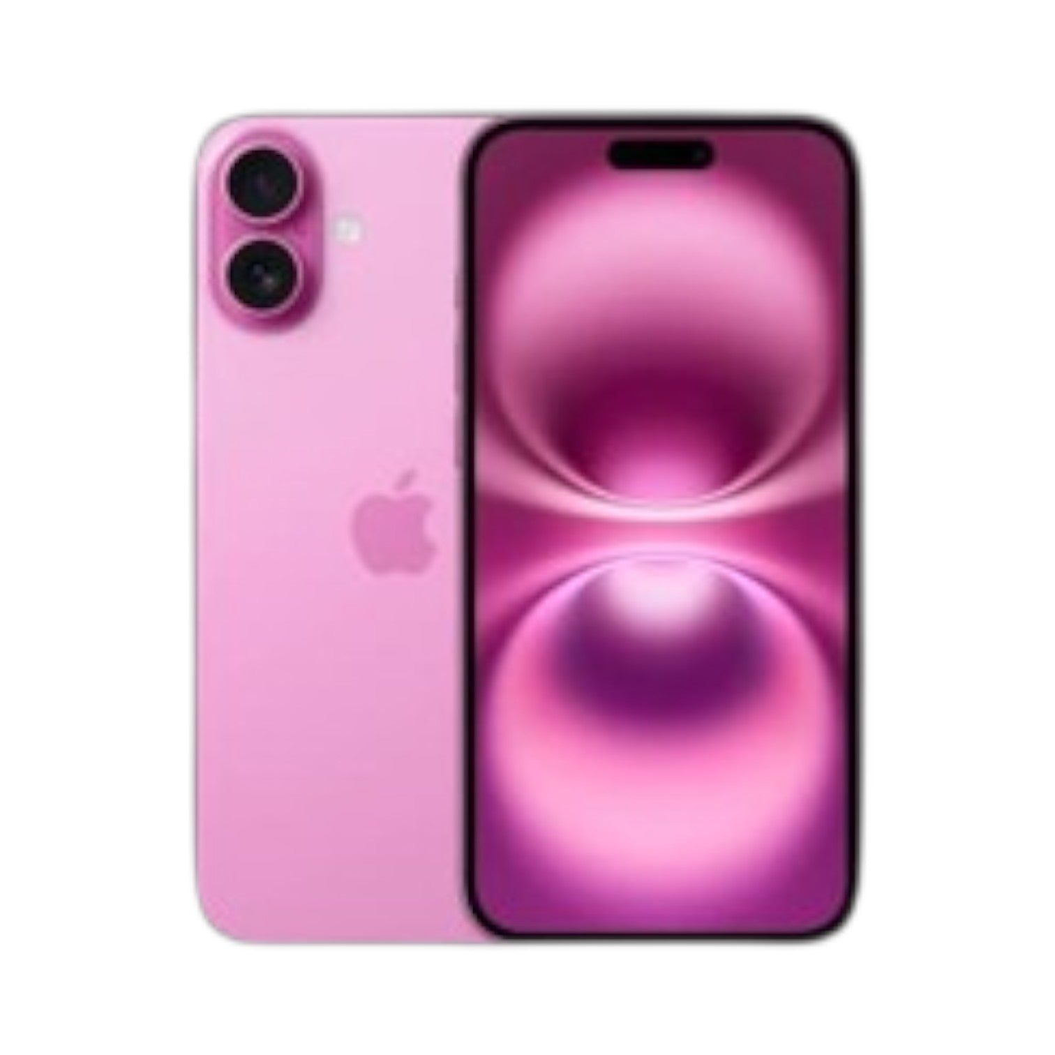 OBtech pink iPhone 16 smartphone showing the dual-camera system on the back and the Super Retina XDR display