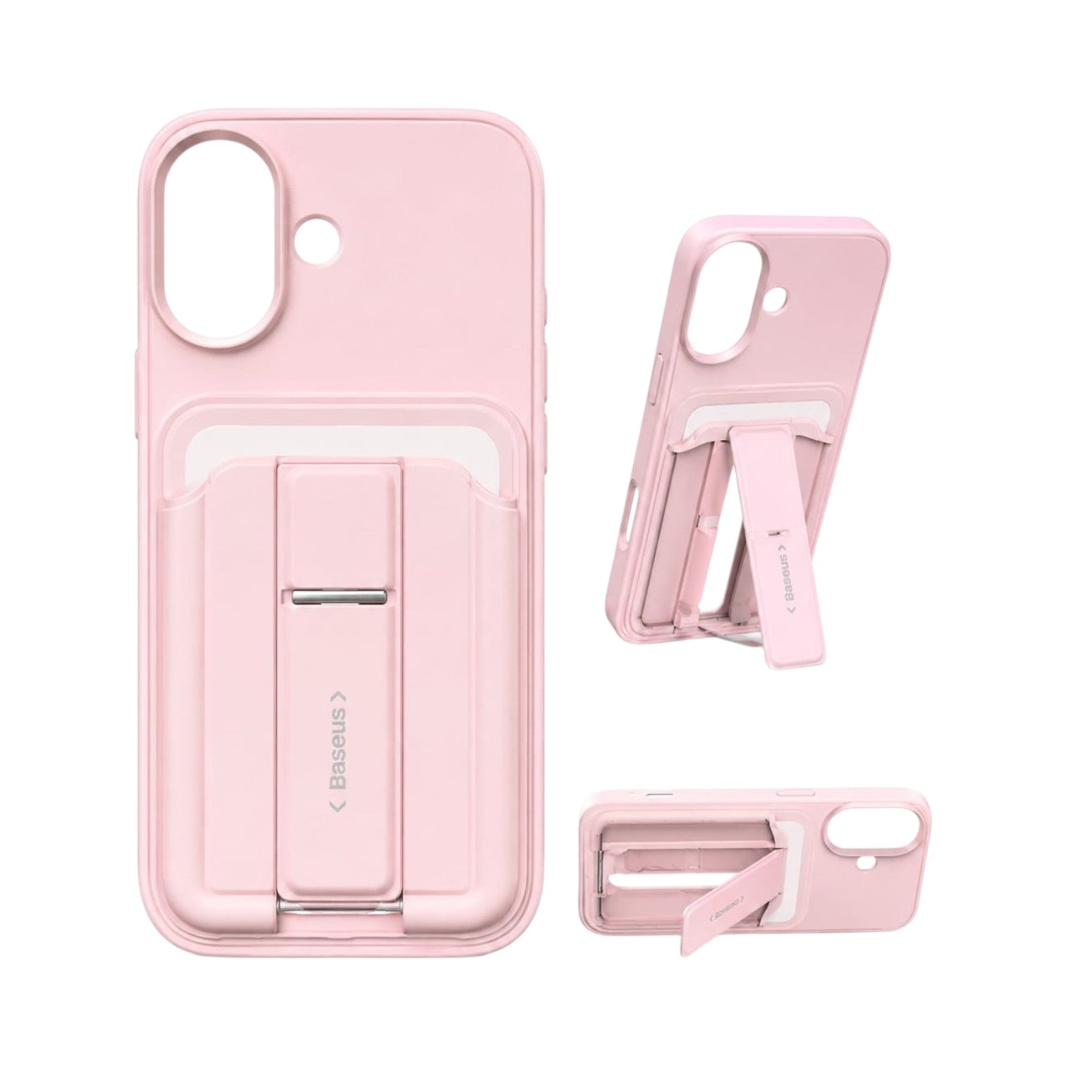 OBtech pink iPhone case with integrated foldable kickstand shown from back, side, and angled views.