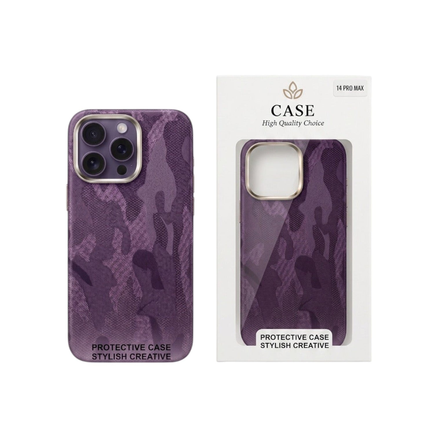 OBtech purple camouflage iPhone 14 Pro Max case with smooth finish and protective camera bezel in retail packaging