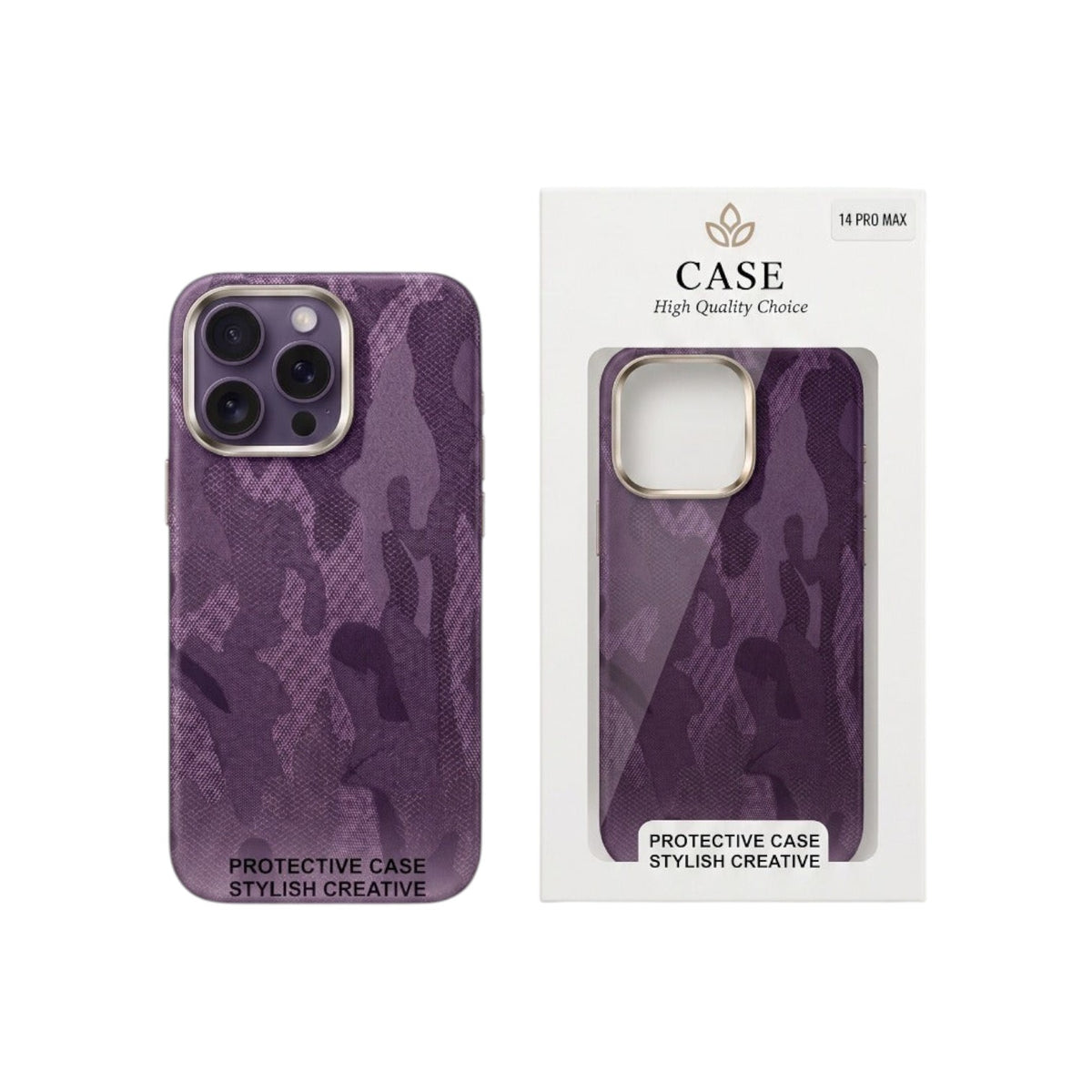 OBtech purple camouflage iPhone 14 Pro Max case with smooth finish and protective camera bezel in retail packaging
