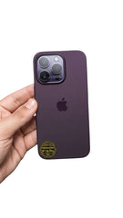 OBtech dark purple smooth plastic back case for iPhone 14 Pro held in hand, featuring precise camera cutouts.