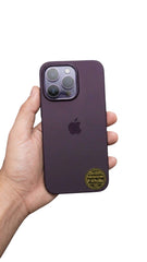 OBtech dark purple smooth plastic back case for iPhone 14 Pro Max held in a hand showing camera cutouts