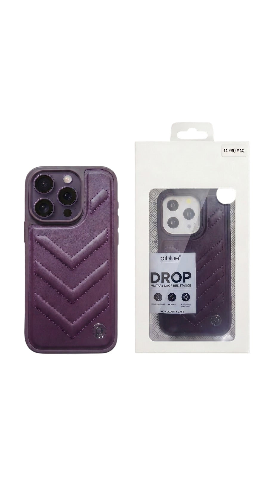 OBtech purple iPhone 14 case with a quilted chevron pattern and protective packaging